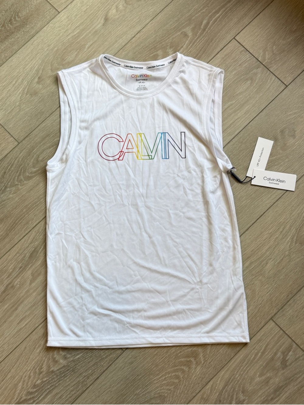 Calvin Klein Men's Small White Rainbow Logo Tank Top Rash Guard NWT Pride